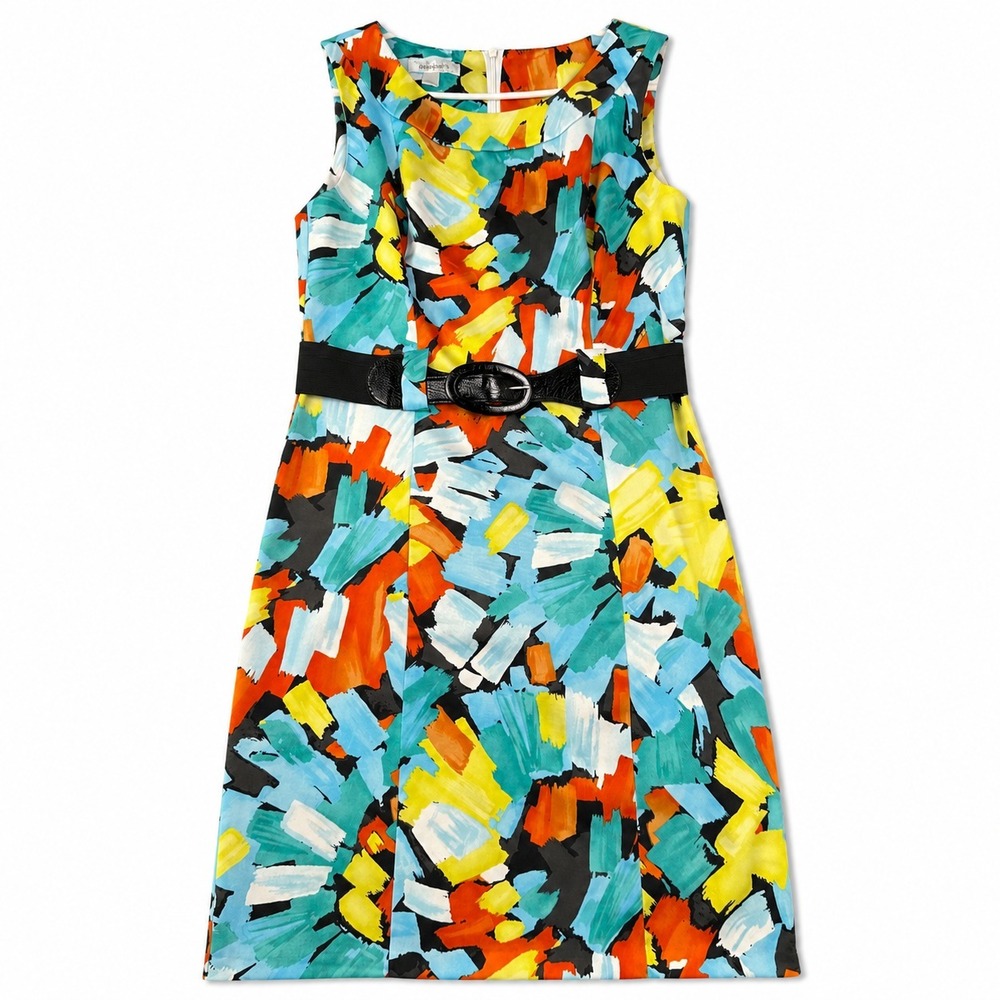 DressBarn Womens Size 6 Abstract Print Sheath Dress Belted Sleeveless Colorful